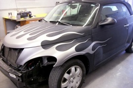 Silver fade flames on PT Cruiser before clear coat