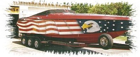 Full blown patriotic theme on race boat